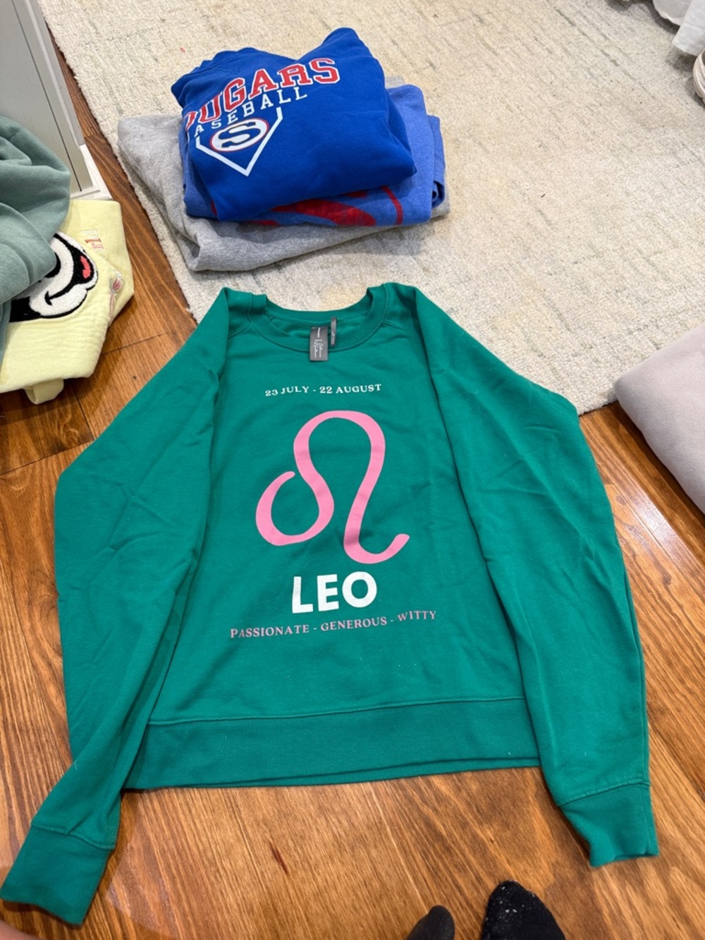 Anthropologie Green Crewneck Sweatshirt with Pink Leo Graphic